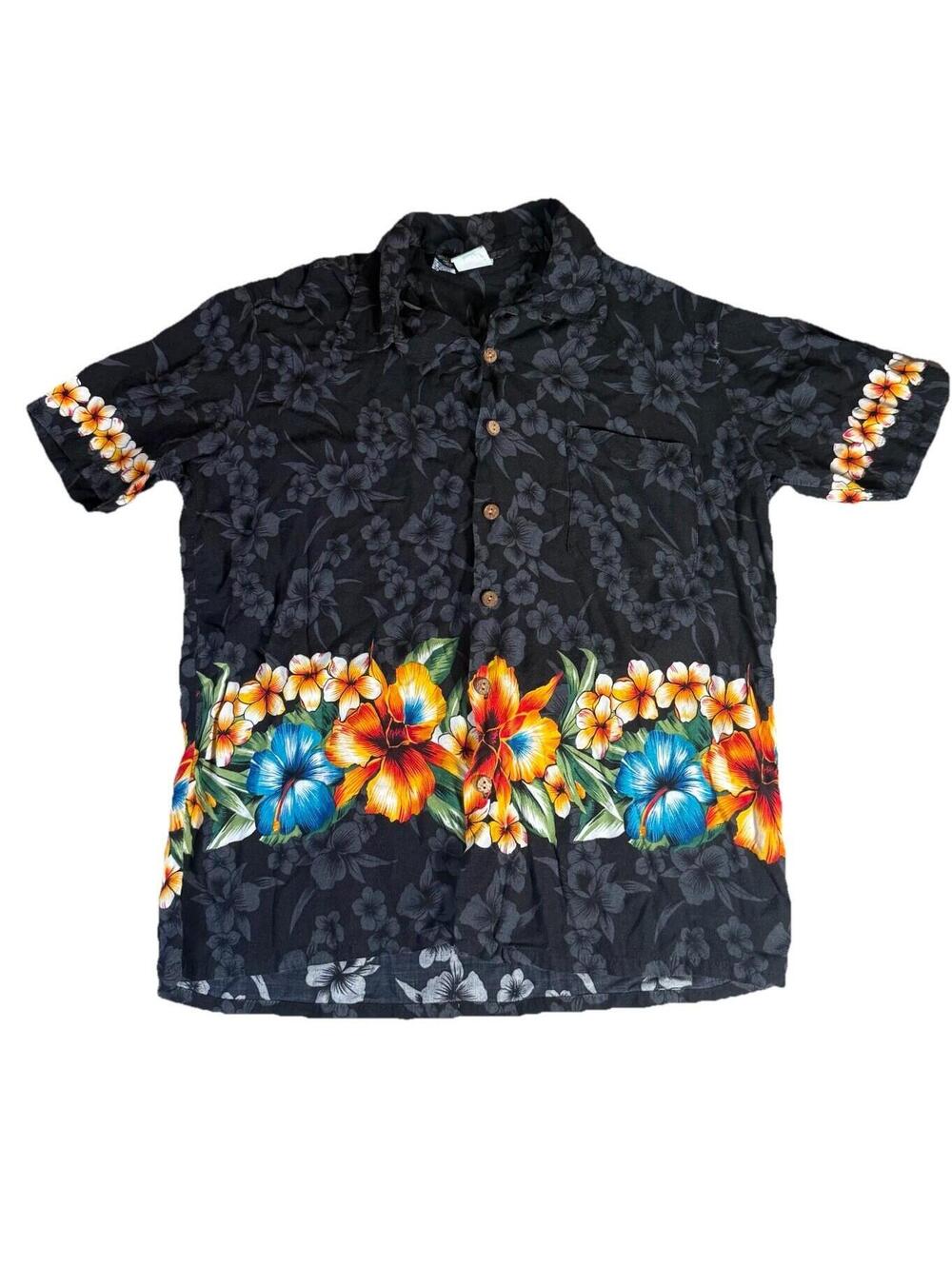 Vintage Kennington Cali Mens Large Floral Hawaiian Shirt Wood Button Aloha Rayon - Picture 1 of 9